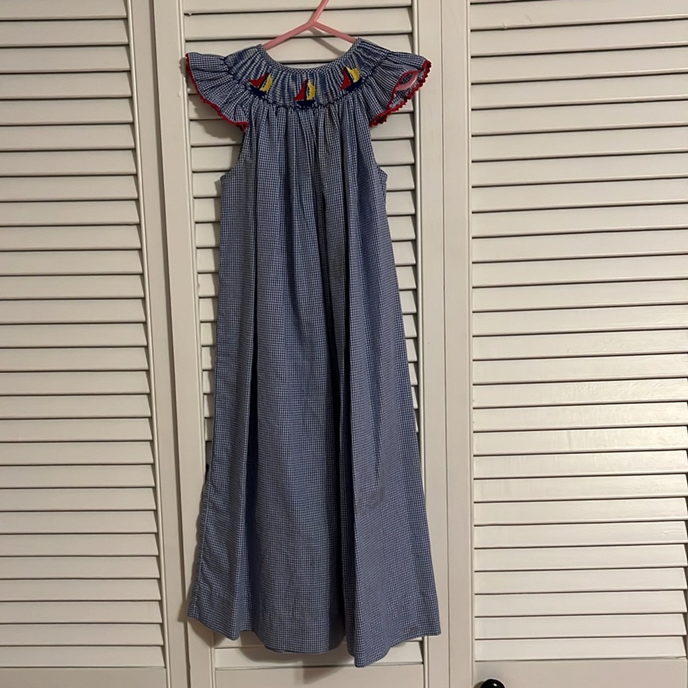 Beth Terell by Johnston Blue Check Smocked Dress Ricrac Sleeves Sailboats 6 EUC